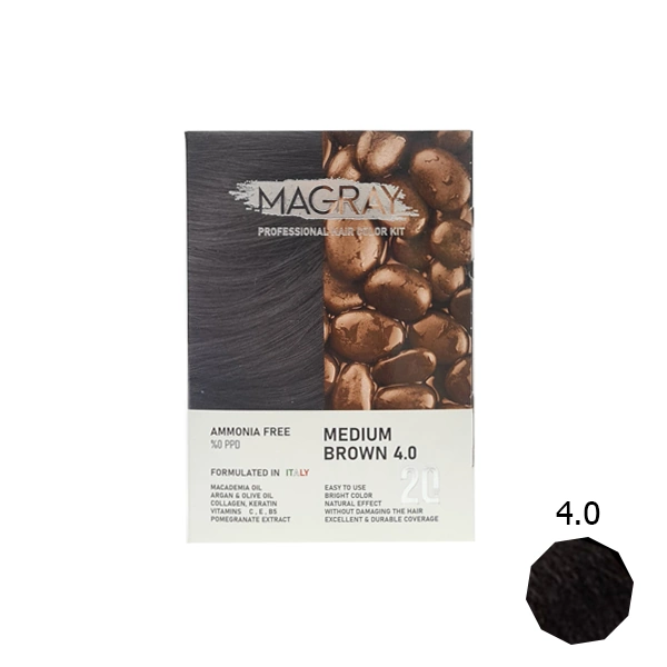 کیت رنگ مو بدون آمونیاک ماگرای شماره 4.0 قهوه ای متوسط کیت رنگ مو بدون آمونیاک ماگرای شماره 4.0 قهوه ای متوسط