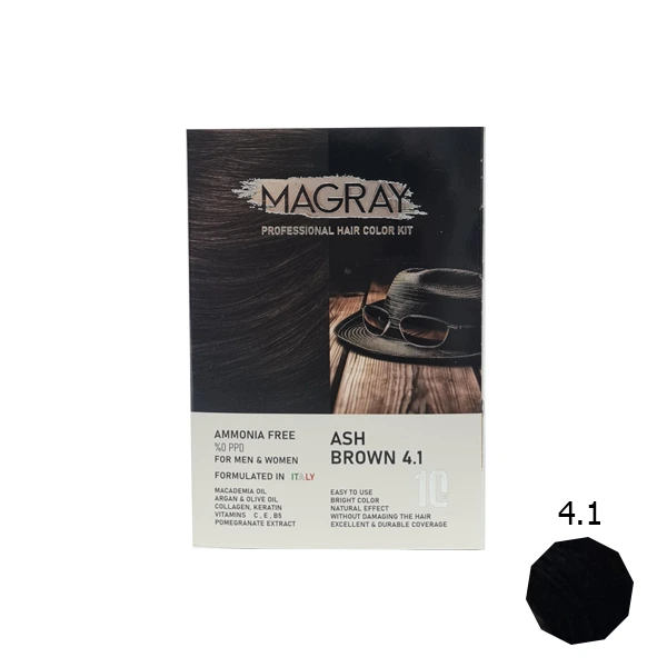 کیت رنگ مو بدون آمونیاک ماگرای شماره 4.1 قهوه ای خاکستری کیت رنگ مو بدون آمونیاک ماگرای شماره 4.1 قهوه ای خاکستری