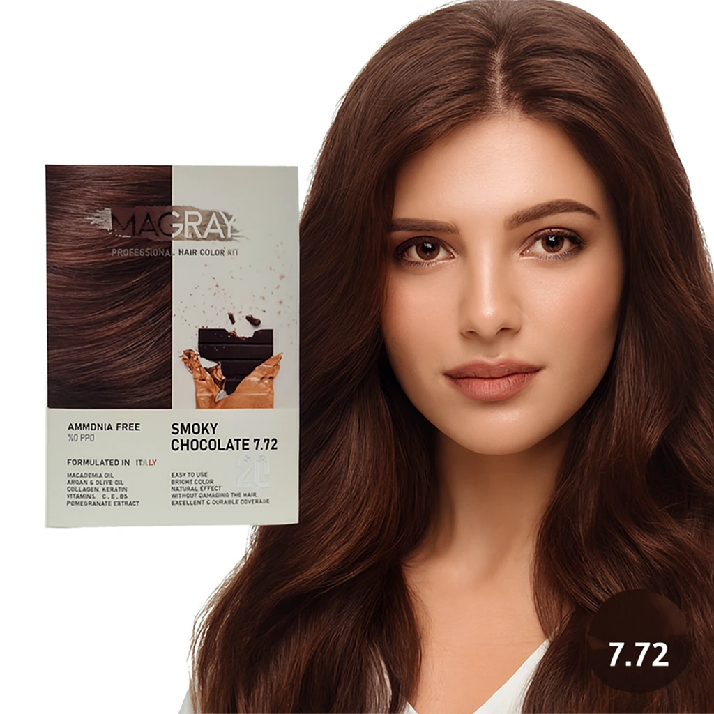 کیت رنگ مو بدون آمونیاک ماگرای شماره 7.72 شکلاتی دودی