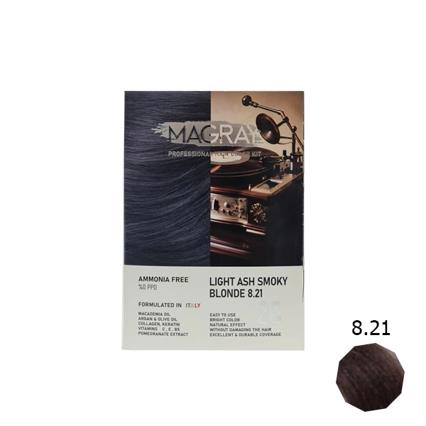 کیت رنگ مو بدون آمونیاک ماگرای شماره 8.21 بلوند خاکستری دودی روشن کیت رنگ مو بدون آمونیاک ماگرای شماره 8.21 بلوند خاکستری دودی روشن